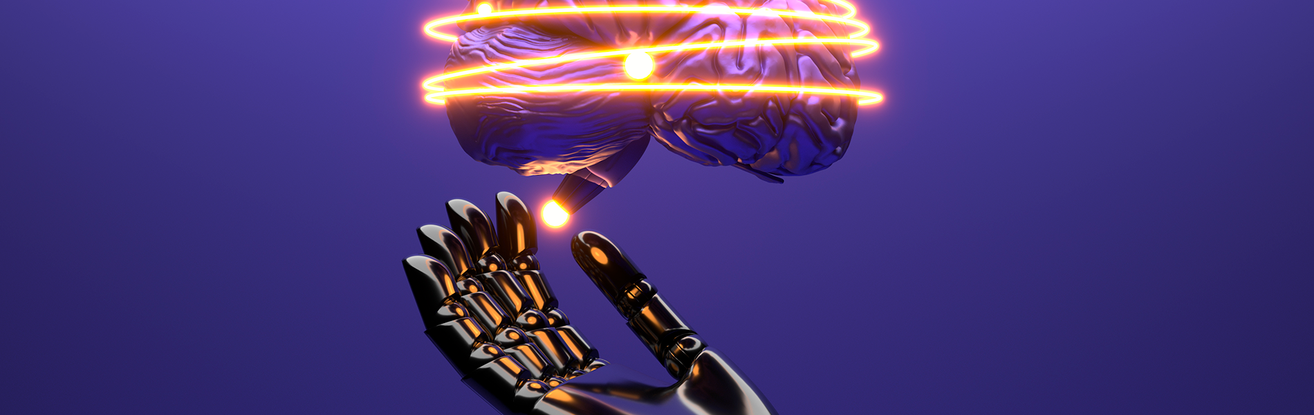 Foto de cérebro artificial pairando sobre mão robô aberta