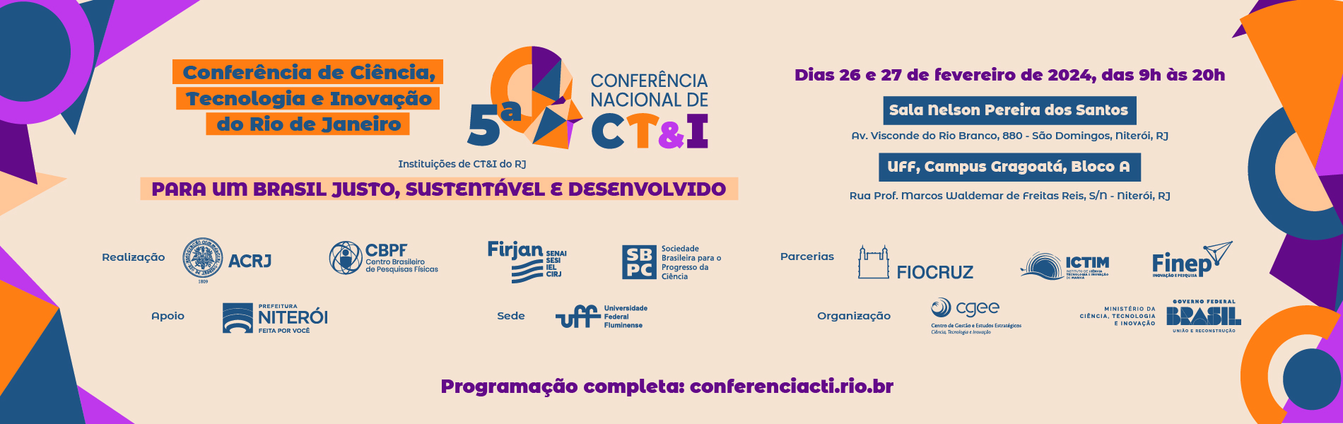 Cartaz de divulgação da Conferência de Ciência, Tecnologia e Inovação do RJ, a acontecer de 26 a 27 de fevereiro.