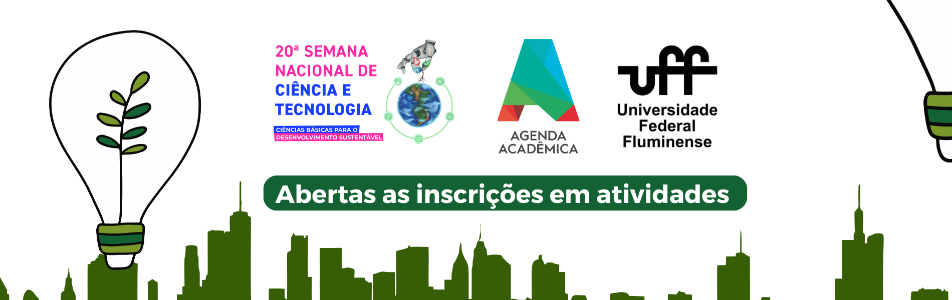 Imagem com os logos da Semana nacional de ciência e tecnologia, da agenda acadêmica e da UFF