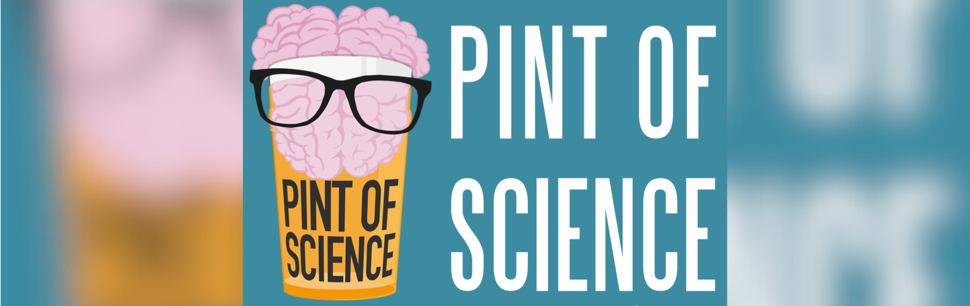 Foto da logo do evento mostrando o desenho de um cérebro de óculos dentro de um copo ao lado do termo "Pint of Science"