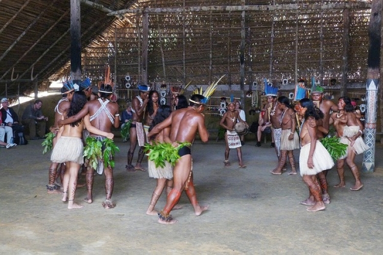 grupo indígena formando um círculo, realizando uma dança de casais com indumentária típica em um ambiente espaçoso com telhado de palha. Em segundo plano há pessoas não-indígenas assistindo a apresentação.
