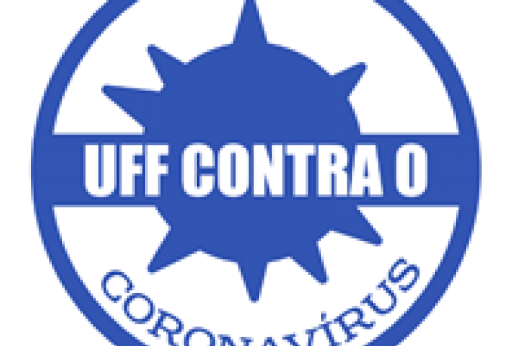 Logo azul e branca com imagem de um vírus com o dizer: UFF Contra o Coronavírus, ao centro.