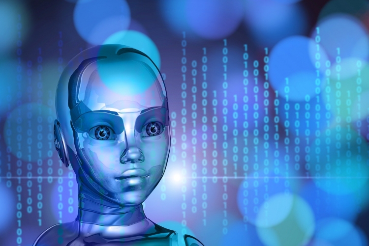 foto com fundo azul do rosto de uma menina com formas de robô