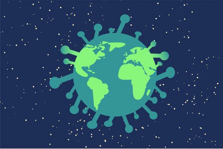 Imagem gráfica do planeta Terra em forma de vírus