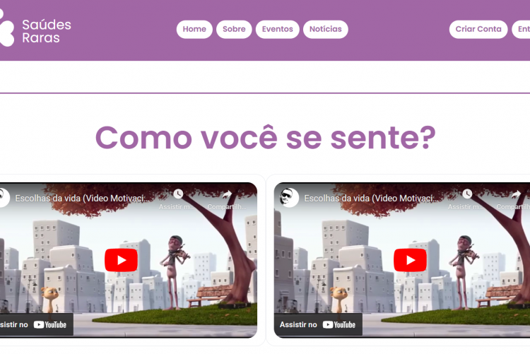 #ParaTodosVerem: Página inicial do site, com cabeçalho roxo e botões em branco. Abaixo dois vídeos.  