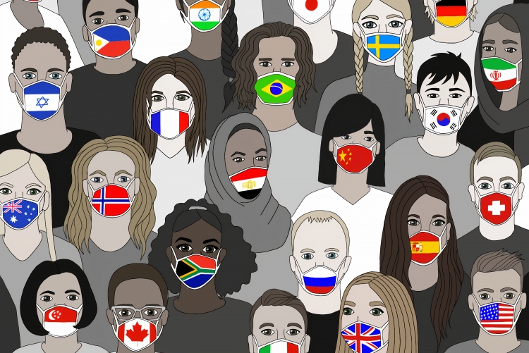 Ilustração de vários rostos de pessoas usando máscaras com desenhos das bandeiras de diferentes países