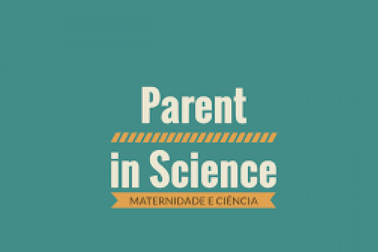imagem de fundo verde e letras brancas com o dizer: Parent in Science maternidade e ciência