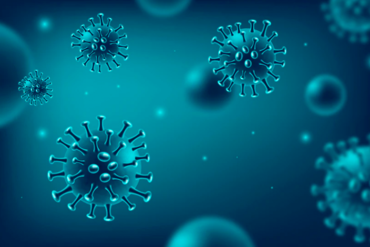 imagem de fundo azul escuro com formas representando o coronavírus