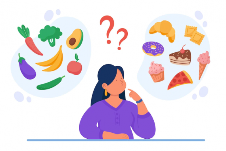 Figura ilustrativa com uma mulher negra de blusa azul e balões representando seus pensamentos, contendo frutas e doces diversos