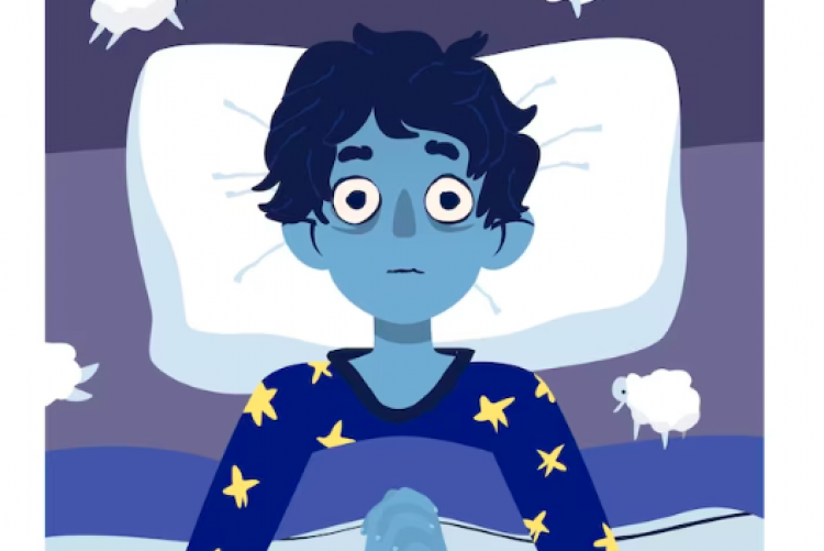 Imagem de fundo azul, com uma ilustração de um homem deitado na cama, com a cabeça no travesseiro e olhos bem abertos
