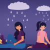Desenho de duas mulheres sentadas de costas uma para outra com uma nuvem chuvosa sobre a cabeça de cada uma