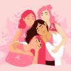 Desenho de quatro mulheres com blusa e cabelo em diferentes tons de rosa se abraçando