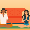 Desenho de homem e mulher em sala de estar em posição de meditação