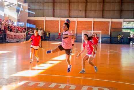 Jogo de handebol feminino no Jucs de 2015 Foto: Thiago Machado