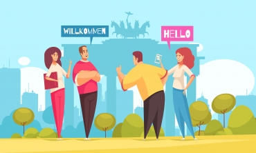 Desenho de quatro pessoas, dois homens e duas mulheres conversando em um parque com balões com as palavras "hello" e "willkommen"
