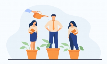Desenho de três pessoas em vasos de plantas sendo regadas