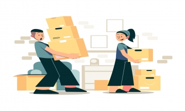 imagem de fundo branco com um homem e uma mulher carregando caixas