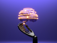 Mão robótica sustentando a imagem de um cérebro iluminado