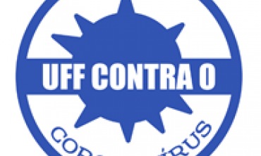 Logo azul e branca com imagem de um vírus com o dizer: UFF Contra o Coronavírus, ao centro.