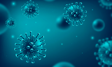 imagem de fundo azul escuro com formas representando o coronavírus