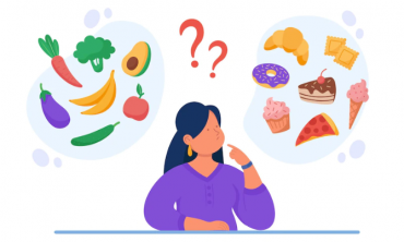 Figura ilustrativa com uma mulher negra de blusa azul e balões representando seus pensamentos, contendo frutas e doces diversos
