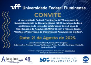 convite para os celebrações dos 40 anos da Coordenação de Arquivos em tom azul e letras brancas com resumo das informações