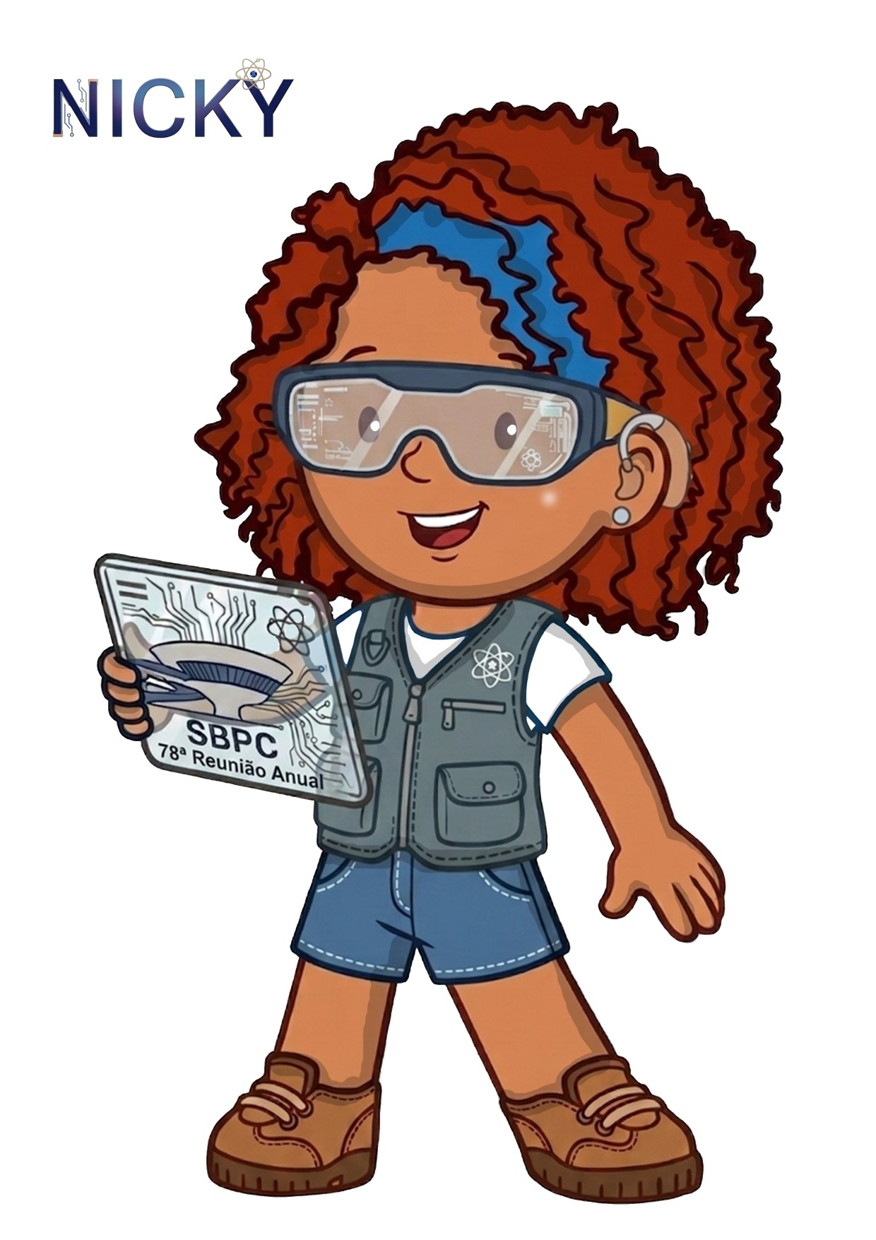 lustração em estilo cartoon de uma criança cientista. A personagem tem pele morena, cabelos cacheados volumosos na cor ruivo-avermelhada e uma faixa azul na cabeça. Ela sorri e usa óculos de proteção transparentes com detalhes que lembram circuitos eletrônicos. Veste camiseta branca, colete cinza com bolsos e símbolos científicos, bermuda jeans azul e tênis marrons. Em uma das mãos, segura um tablet com desenhos de circuitos e a inscrição “SBPC 78ª Reunião Anual”, além de uma ilustração estilizada de um edifício. A outra mão está estendida ao lado do corpo. No canto superior esquerdo da imagem aparece a palavra “NICKY” em letras azuis, acompanhada por elementos gráficos que remetem à tecnologia e à ciência, como circuitos eletrônicos e um símbolo de átomo. O fundo é liso, em tom claro, destacando a personagem, que transmite uma imagem de entusiasmo, curiosidade e interesse pela ciência e pela tecnologia.